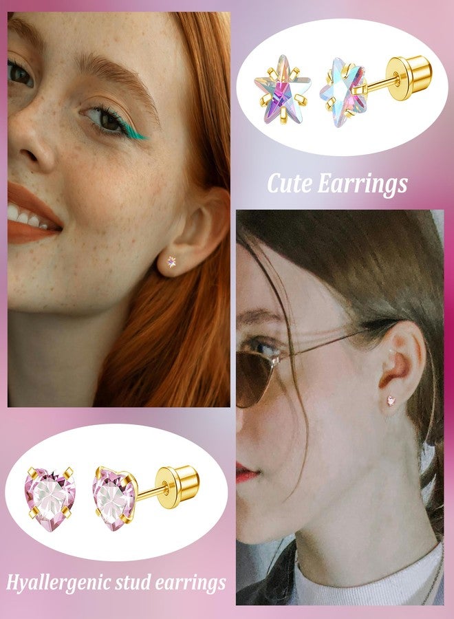 Staligue 5 Pairs Titanium Earrings for Women 20G Hypoallergenic Screw Back Stud Earrings for Sensitive Skin Cubic Zircon Heart Star Pearl Screw Back Nap Earrings Set（Golden） - Image 4